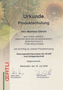 Urkunde Produktschulung: Heizungswärmepumpen bis 20 kW und Anlagentechnik